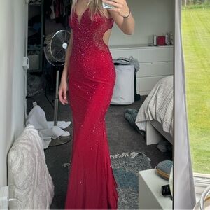 FAVIANA Beaded open back V neck dress with rhinestones